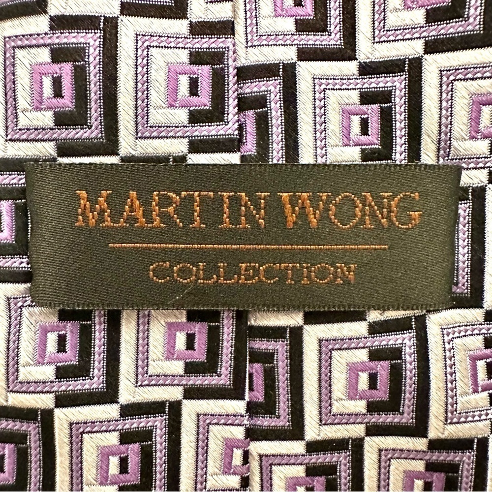 Martin Wang 100% Silk Menโs Tie Black Silver Purple Geometric Size O/S - Picture 4 of 6